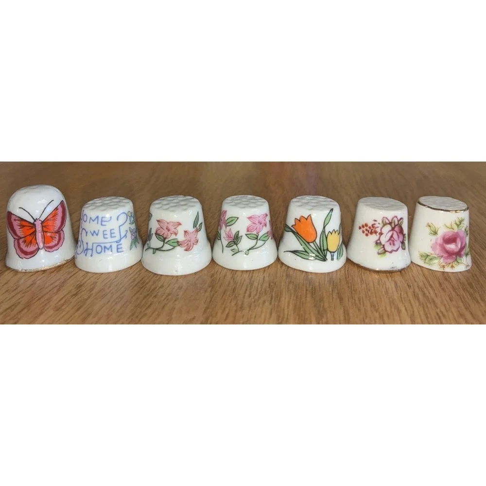 Porcelain Thimbles Butterfly Home Sweet‎ Home Flowers Vintage Sewing Lot Of 7